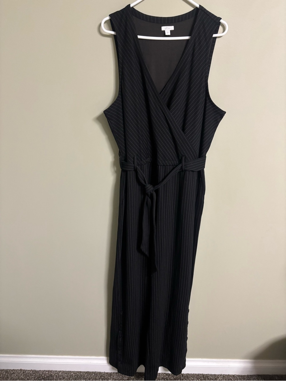 J Jill Ponte Jumpsuit Black Pinstripe Belted Sleeveless Size XL Office Career